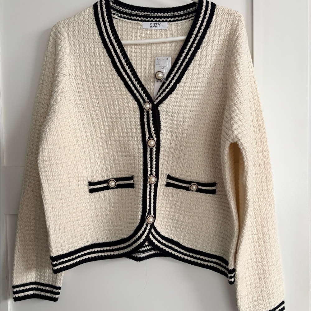 Suzy Shier Cream and Black Cardigan